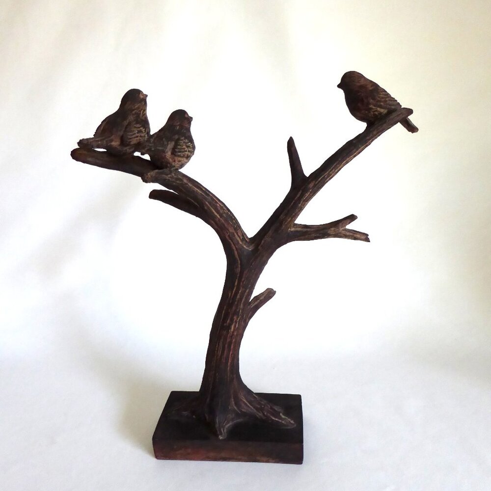 14” NEW 3 BIRDS SITTING IN TREE FIGURE DECORATION REALISTIC CARVING